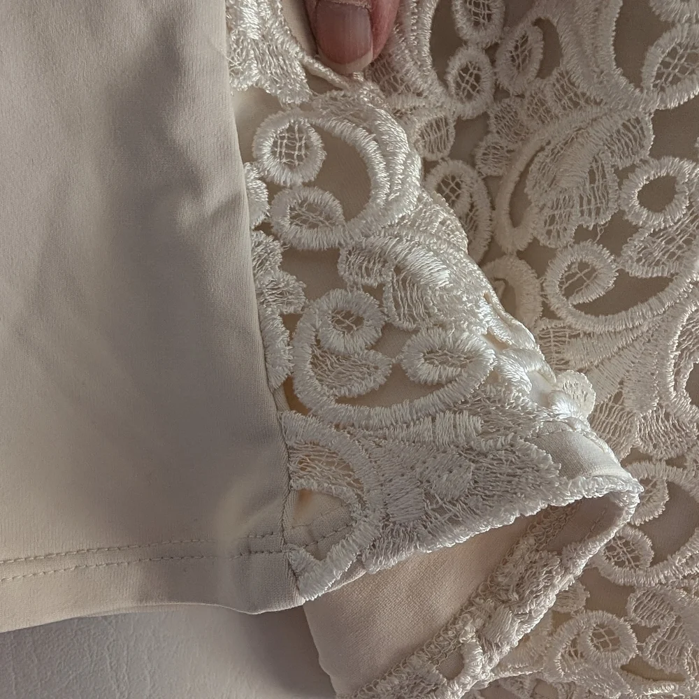 Flora Nikrooz Cream Lace Stretch Top Sheer Long Sleeves - L